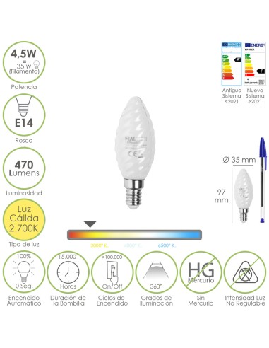 Bombilla Led Filamento Vela Esmerilada E14. 4,5...