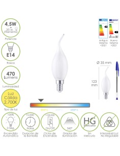 Bombilla Led Filamento Vela Llama Esmerilada E14. 4,5...
