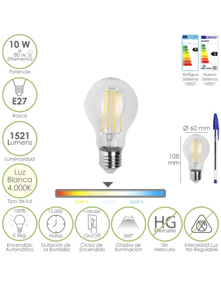 Bombilla Led Filamento Standar Rosca E27. 10 Watt. Equivale A 80 Watt. 1521 Lumenes. Luz Neutra 4000º K.