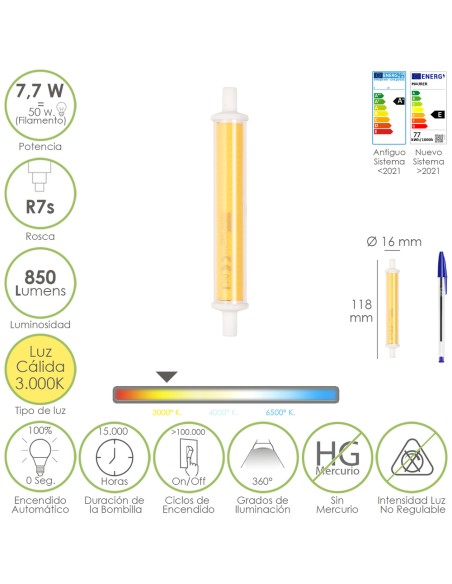 Bombilla Led Para Focos Rosca R7S. 7,7 Watt. Equivale a 50 Watt. 850 Lumenes. Luz Cálida (3000º K.)