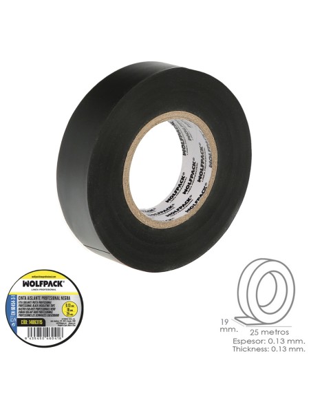 Cinta Aislante Profesional Negra Espesor 0.13 mm. Ancho 19 mm. Rollo 25 Metros Cinta Electricista, Cinta Aislante Cables