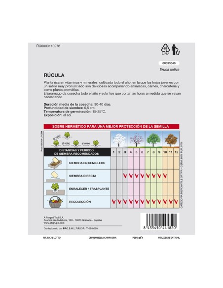 Semillas SATURNIA rucula (eruca sativa) 9gr 08093646
