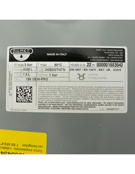 Vaso expansion  caldera rectangular   7.5lt M3/4" ZILMET