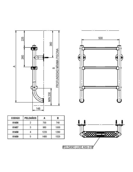 Escalera piscina inox ASTRAL mod. partida 3 peldaños AISI316L 01457