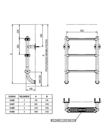 Escalera piscina inox ASTRAL mod. partida 4 peldaños AISI316L 01458