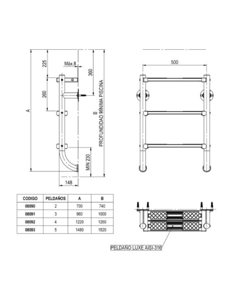 Escalera piscina inox ASTRAL mod. 1+1 partida 5 peldaños AISI316L 08093